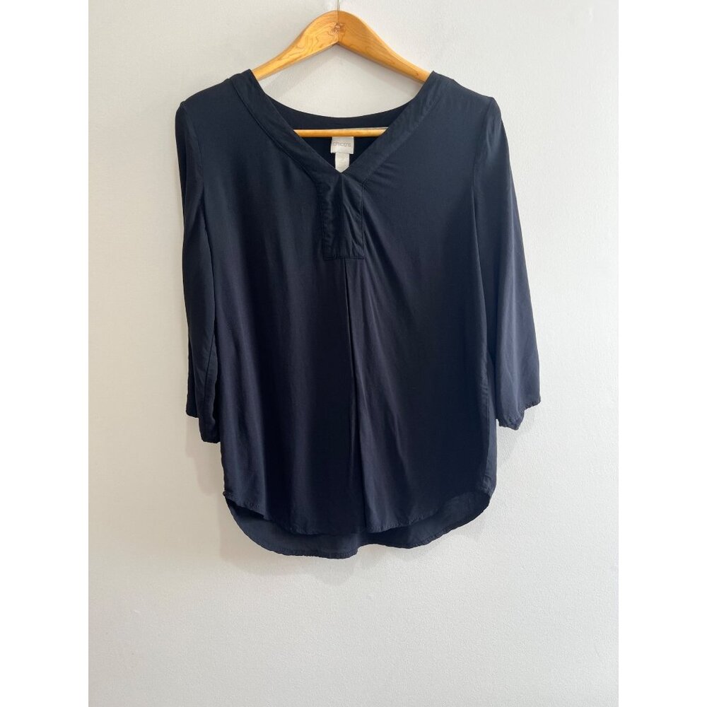 Chicos Tunic Blouse Womens L Black V-Neck 3/4 Lace Up Sleeve 100% Viscose
